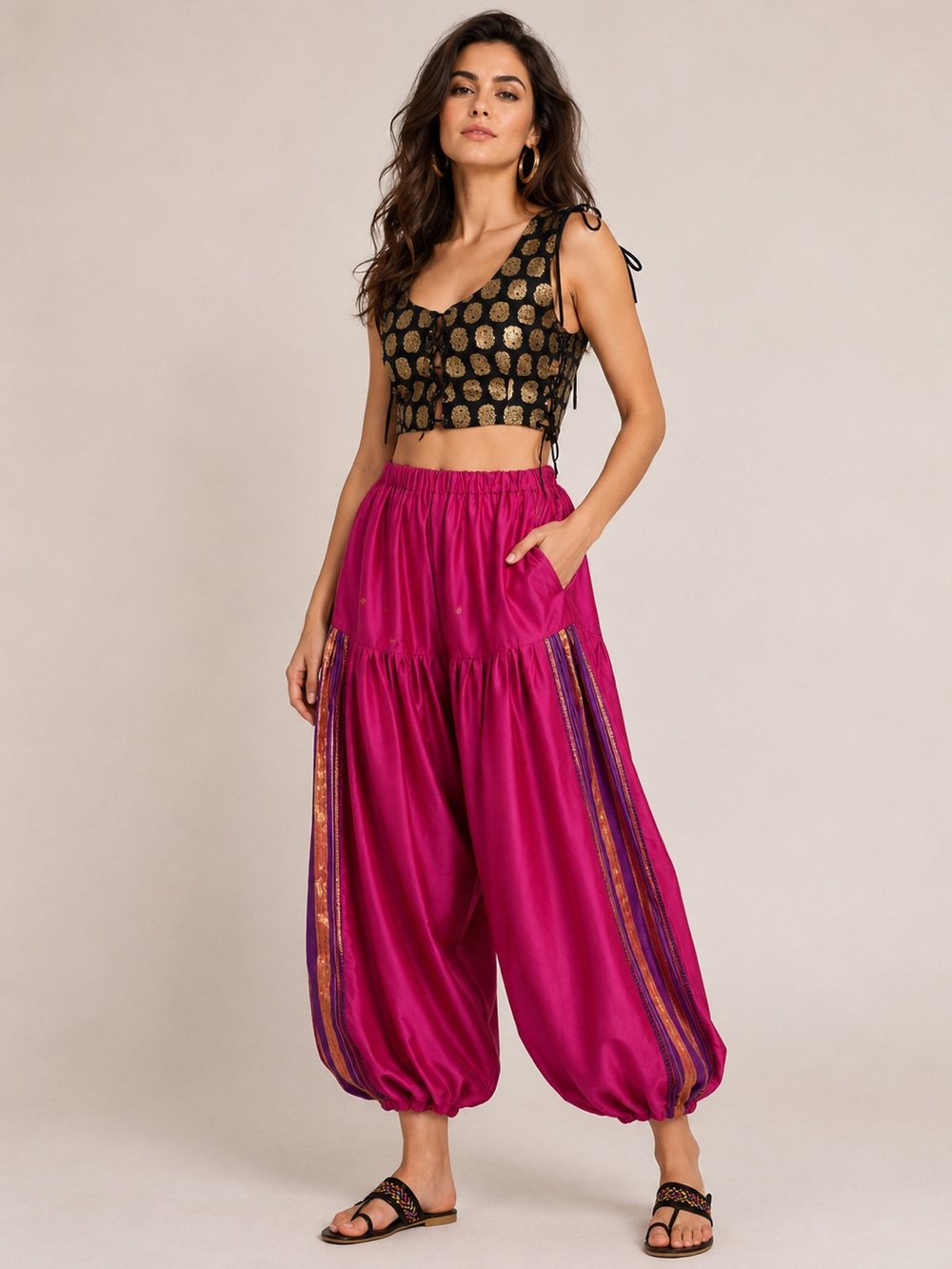 Wide Leg 100% Silk Harem Pants in Fuchsia